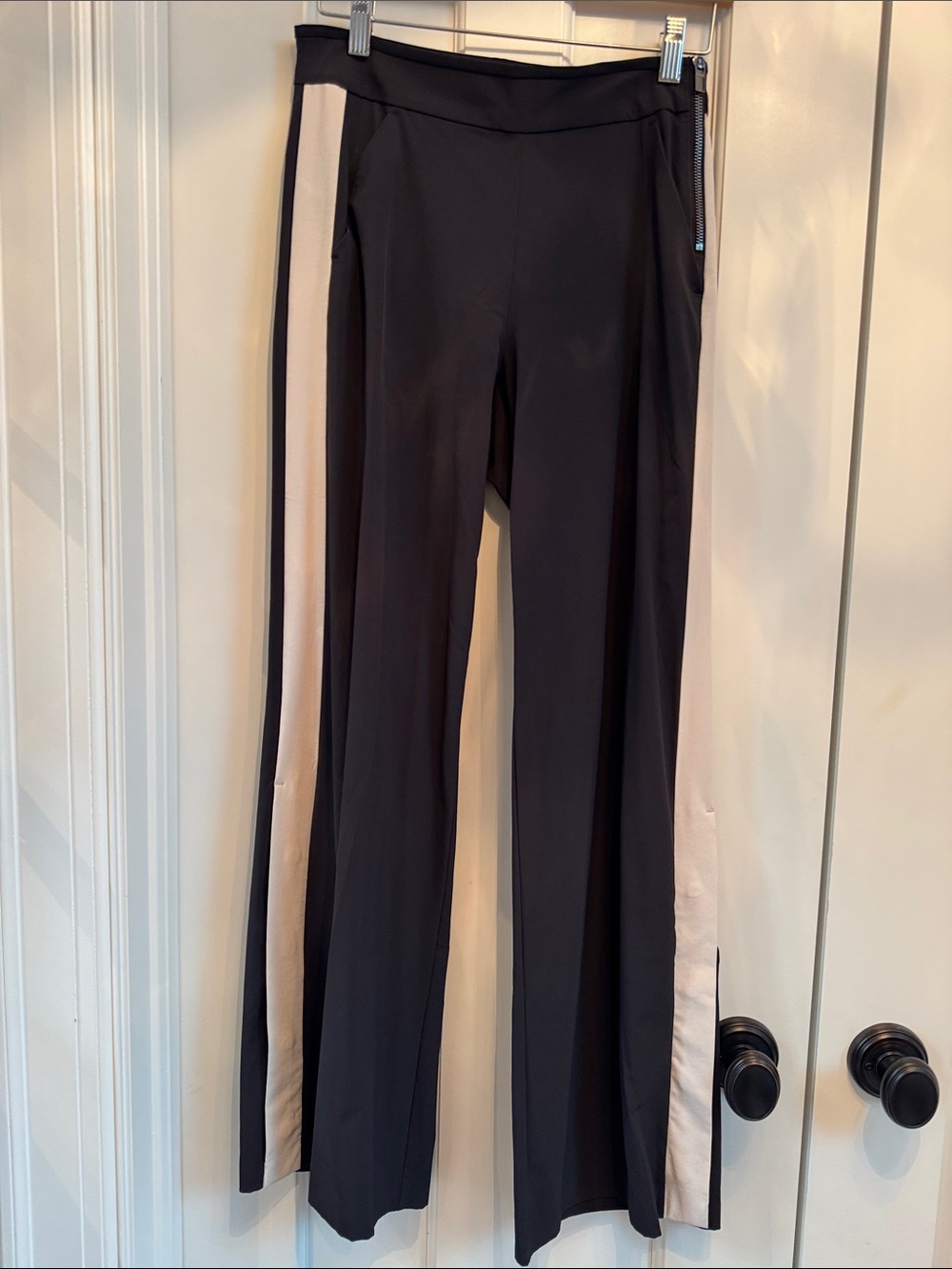 Athleta Women’s Black Wide-Leg Track Pants with Cream Side Stripes
